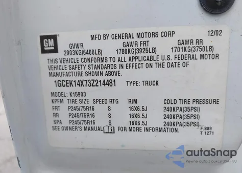 2003 Chevrolet Silverado 1500 Work Truck z USA, uszkodzony, nr VIN 1GCEK14X73Z214481